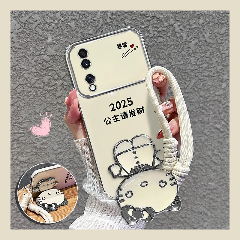 适用【荣耀70/pro】大视窗手机壳公主请发财补妆镜支架硅胶女款可爱