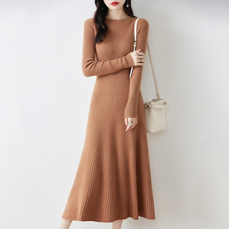法式羊毛连衣裙女爆款纯羊毛打底长裙修身长袖羊绒毛衣裙秋冬新款