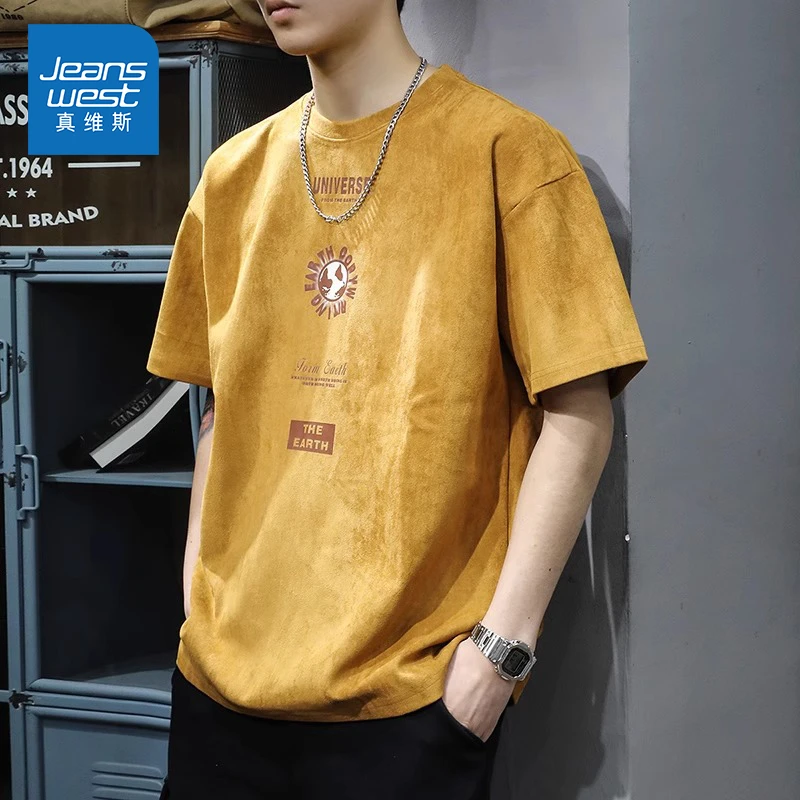 真维斯美式复古重磅麂皮绒短袖男休闲半袖T恤夏季潮牌新款上衣男