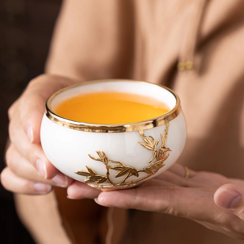 联谊金镶玉徐福坤签名款锡镶茶杯厚釉玉瓷手工高档白瓷茶具主人杯