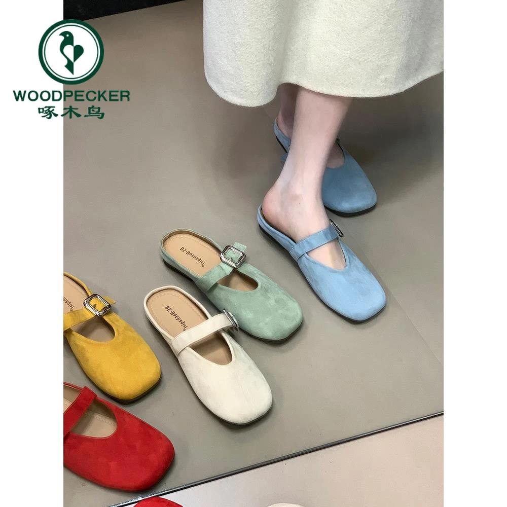 啄木鸟包头半拖鞋女百搭夏季外穿2025新款复古穆勒平底方头凉拖鞋