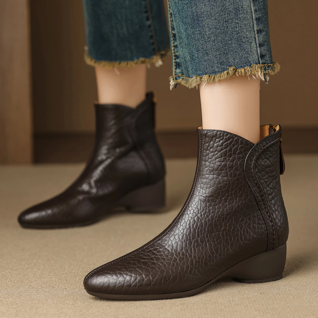 4.5CM-头层牛皮秋冬中跟复古港风短靴法式瘦法式复古二层牛皮短靴