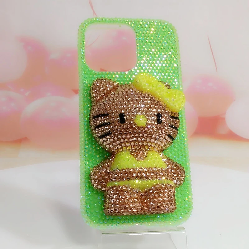 适用iPhone13 14 15pro Max苹果绿色果冻钻香槟脸站姿KT猫手机壳