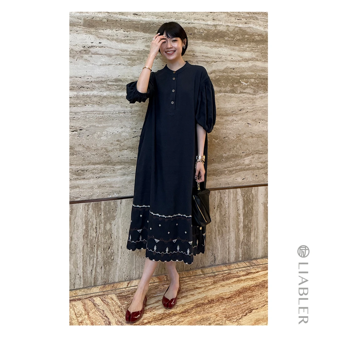 LIABLER/励 W25春夏民族风重工撞色刺绣长款连衣裙 LSS25246D