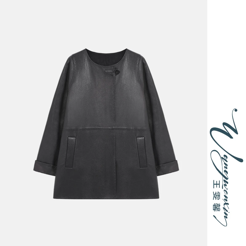 【王雯馨】“传奇手缝” 荔枝纹 无涂层 新中式 时髦百搭 中长款皮衣