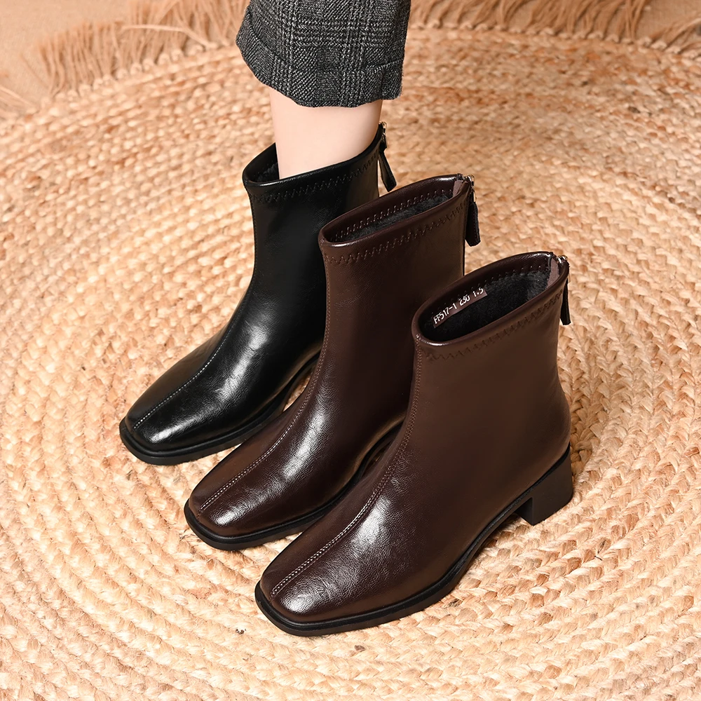 方头粗跟后拉链小短靴女秋冬新款黑色通勤简约弹力瘦瘦靴高跟单靴