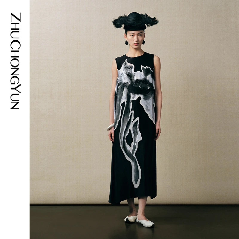【墨韵诗笺】ZHUCHONGYUN25夏新款中式花稿无袖长裙连衣裙C1FZ20916