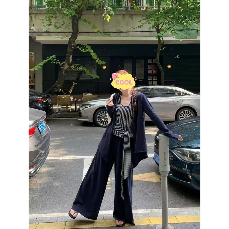 大码韩系宽松背心长袖开衫休闲长裤秋季三件套8813#