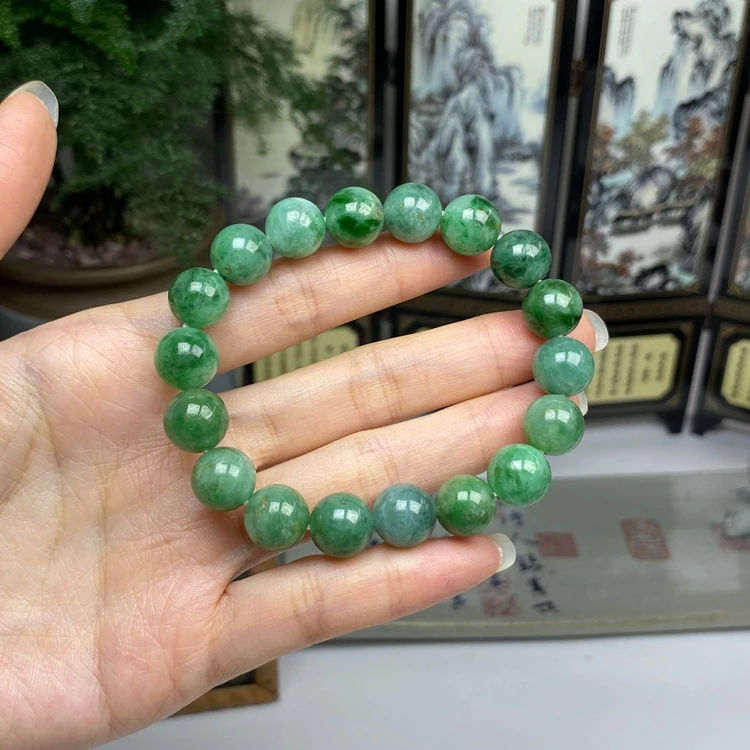 老种黄绿满色圆珠手串 天然翡翠A货