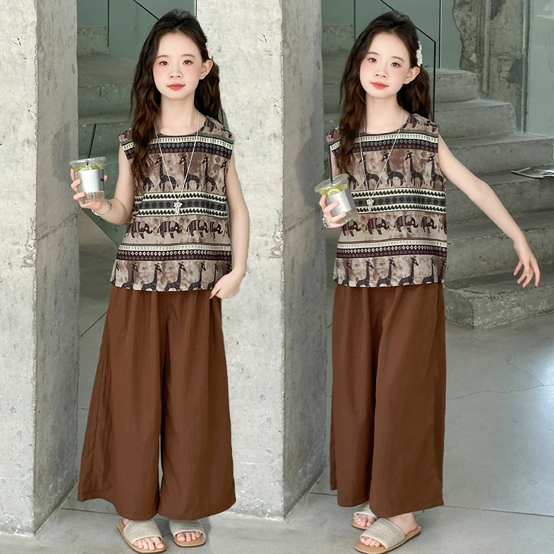 女童夏季套装2025新款慵懒风复古无袖印花上衣儿童阔腿裤两件套潮