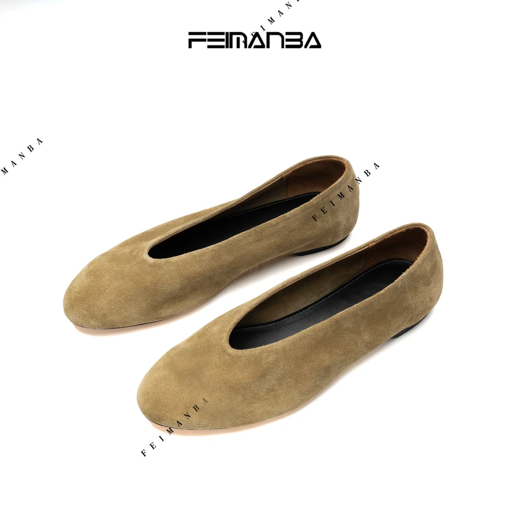 【FEIMANBA】复古风腰果绿浅口圆头平底单鞋