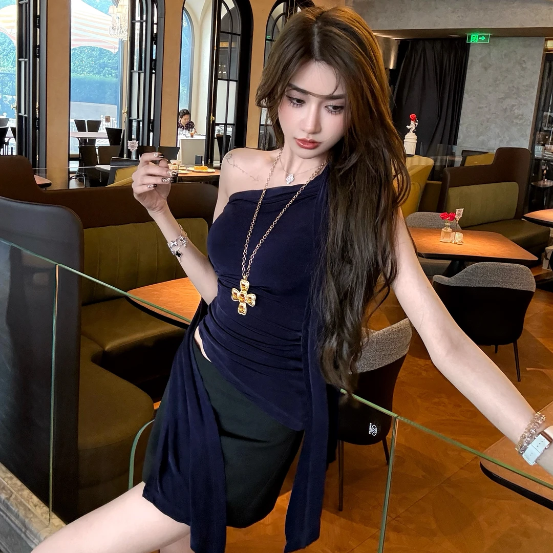 醋酸法式斜肩设计飘带露肩无袖上衣