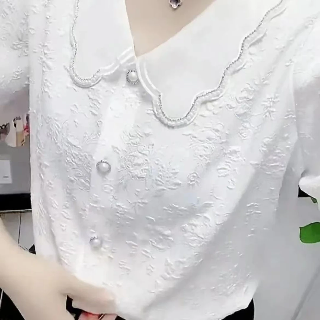 新款高档小清新钉珠上衣小众法式短袖褶皱提花3D立体洋气显瘦小衫