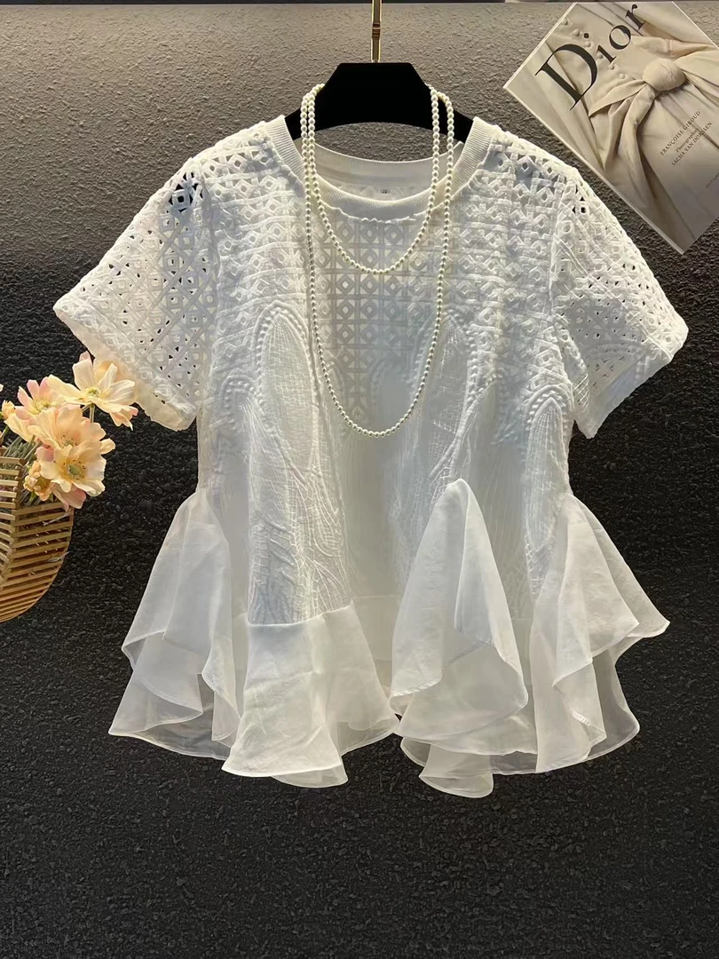 【夏日露丝】短袖上衣气质白色荷叶边时尚百搭夏季设计感