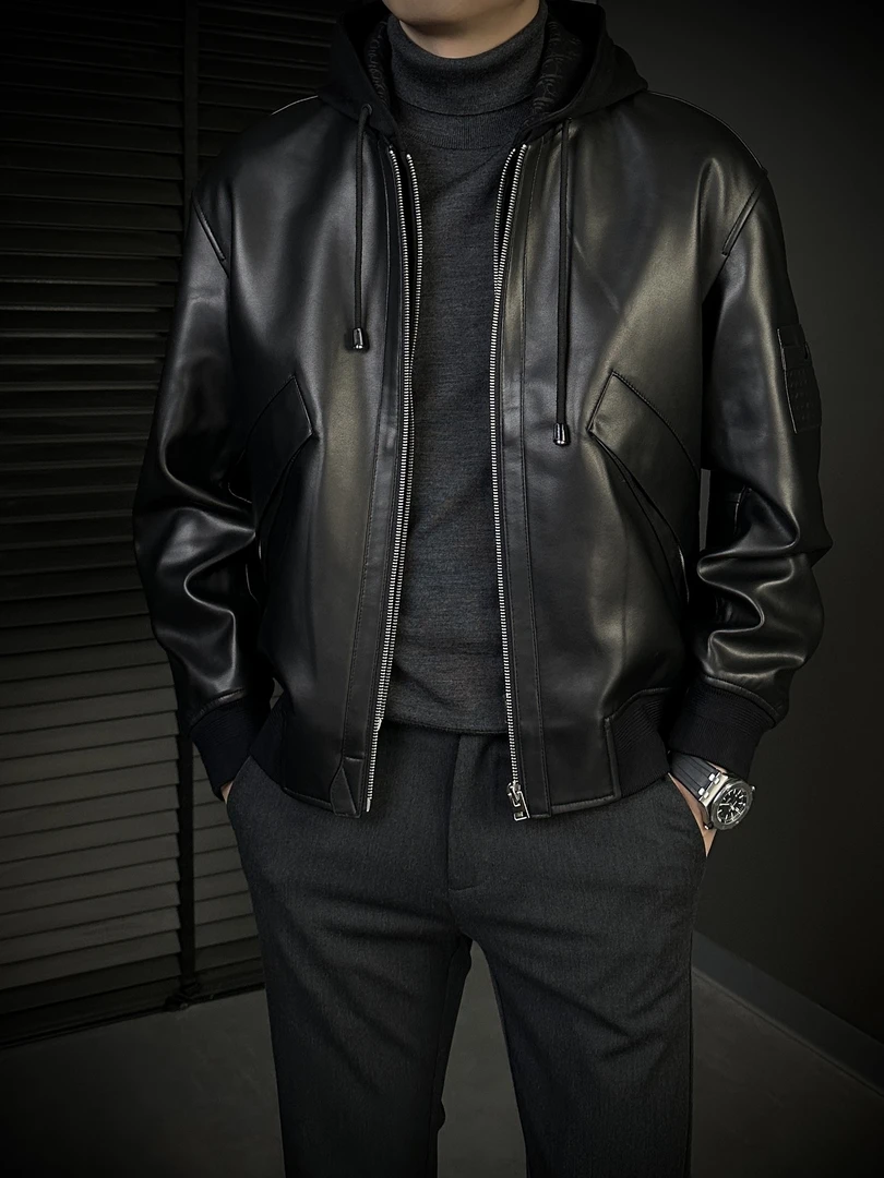 KING&GUCH【100%绵羊皮】假两件连帽/棒球领秋季新款男士夹克2801