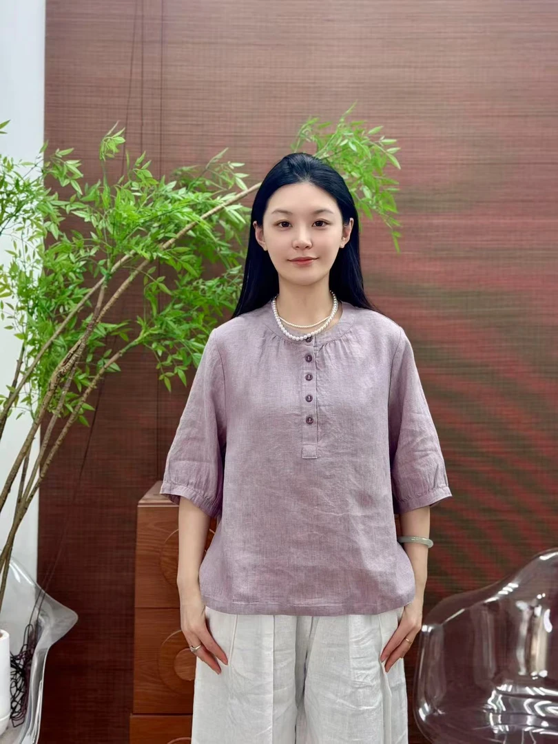 【霞之间】纯汉麻色织女士T恤植物染不掉色百搭简约高密度14支轻薄
