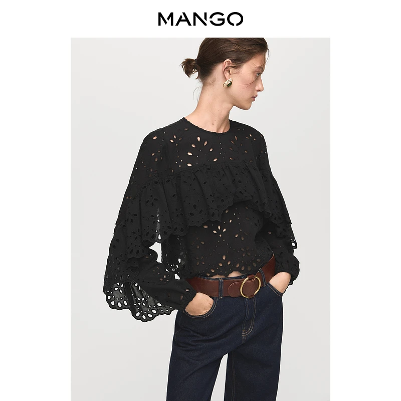 MANGO女装衬衫2025秋装新款波嬉风系带小衫刺绣镂空荷叶边衬衫