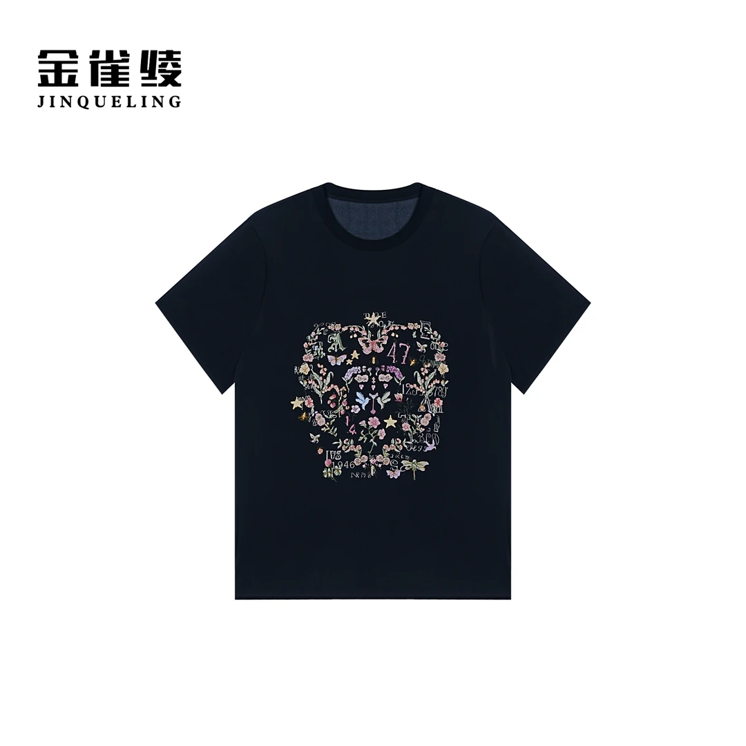 金雀绫【皇冠假日】桑蚕丝设计师印花圆领大码女装小衫SZA1S155