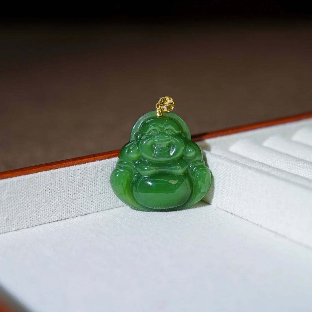 18K天然和田玉俄罗斯玉坠碧玉冰底猫眼佛公精美吊坠38mm