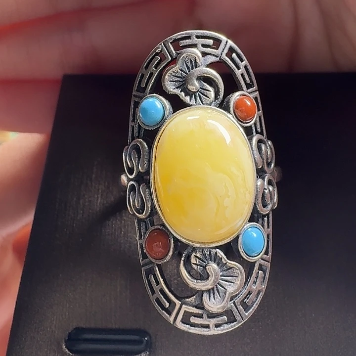 蜜蜡银S925镶嵌戒指戒指