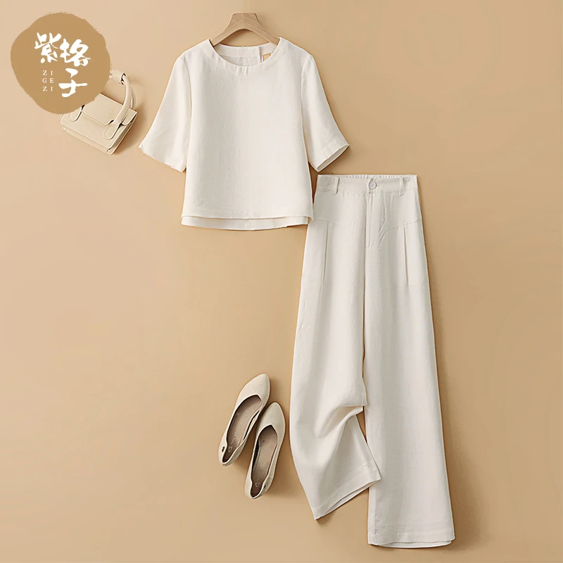 亚麻套装女2025新款休闲裤圆领T恤宽松显瘦阔腿裤套装大码女裤
