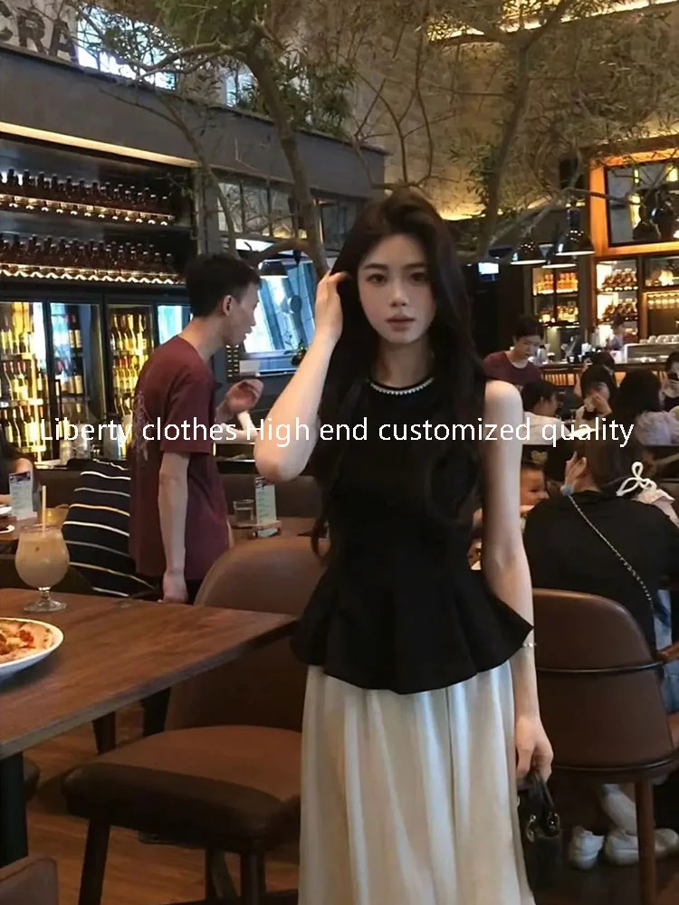 Liberty clothes 黑色荷叶边无袖上衣女夏季高腰半身裙白月光套装