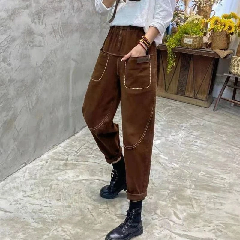 2025秋季新款宽松老爹裤松紧高腰显瘦洋气百搭工装裤哈伦休闲裤女