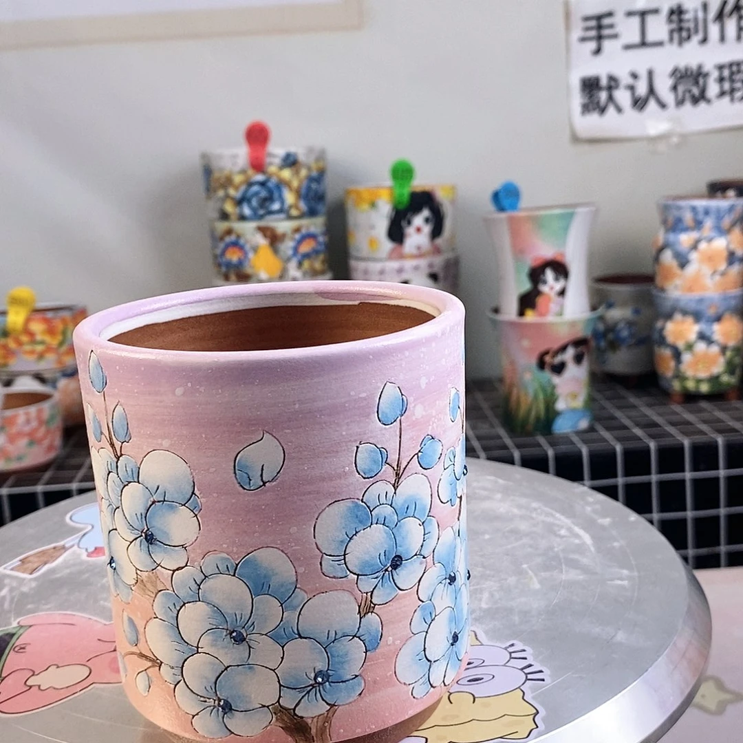 紫砂花盆红陶手绘花盆