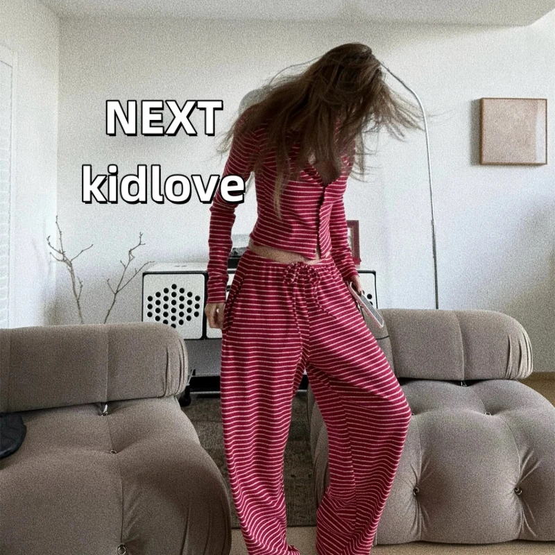 NEXTKIDLOV高级感撞色条纹长袖圆领睡衣女春秋宽松舒适家居服套装