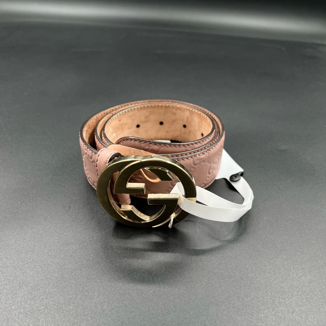 95新 GUCCI/古驰 (ll) 粉色GG压纹金扣腰带 85cm/019888
