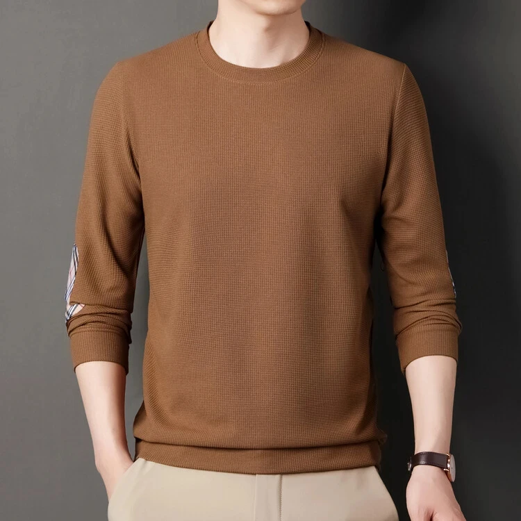 男士长袖T恤圆领纯色打底衫春秋季薄款纯棉休闲上衣华夫格中年潮