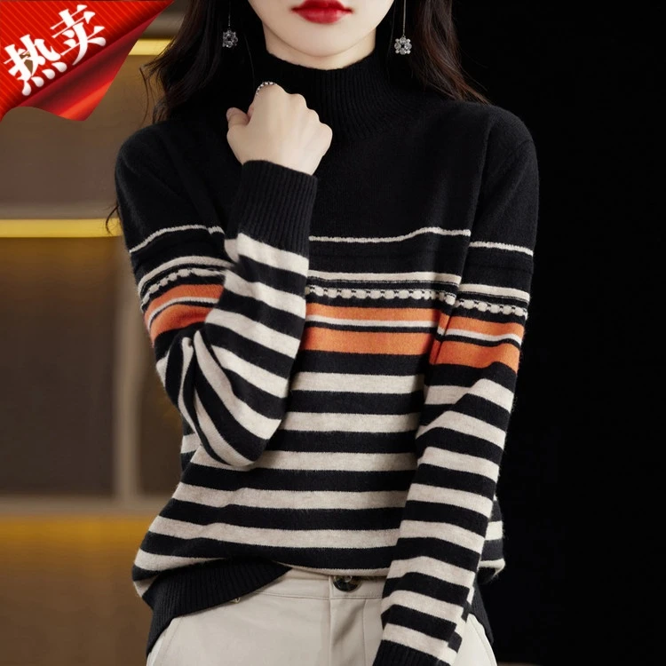 【羊毛】正品秋冬加厚半高领条纹针织衫优雅宽松毛衣保暖显瘦打底衫