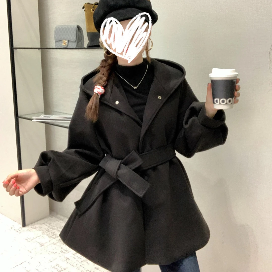 大码胖mm冬季加棉款毛呢外套女红色时尚百搭赫本风加厚灯笼袖外套