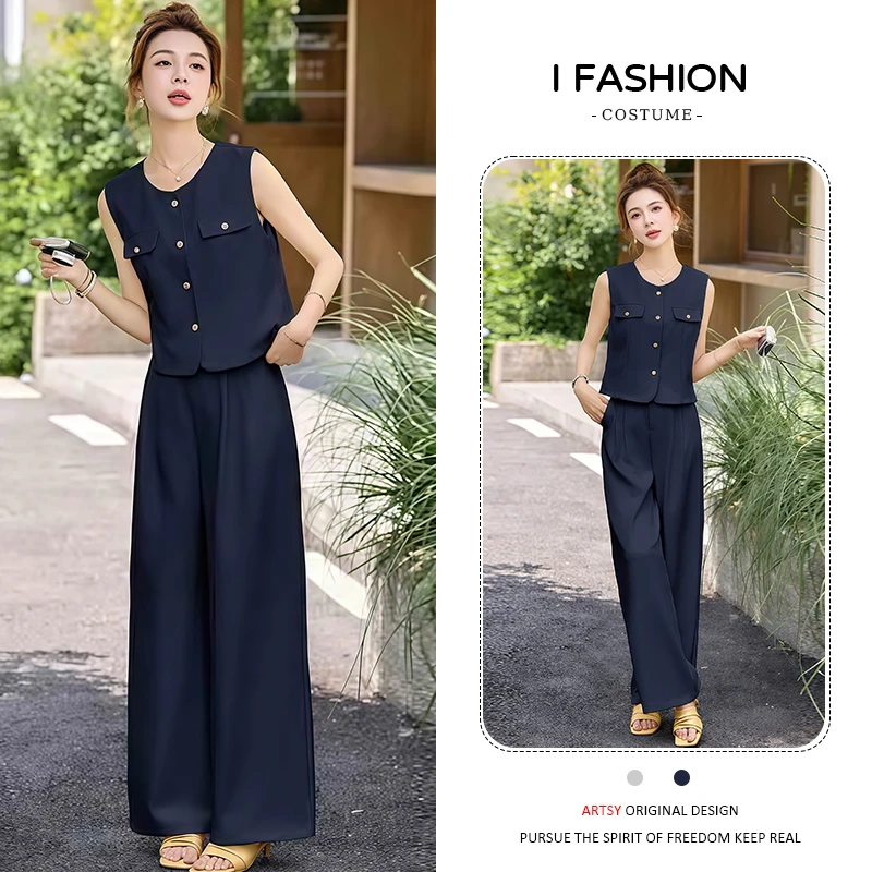 小个子时尚减龄套装女2026夏季新款韩版修身显瘦短袖阔腿裤两件套