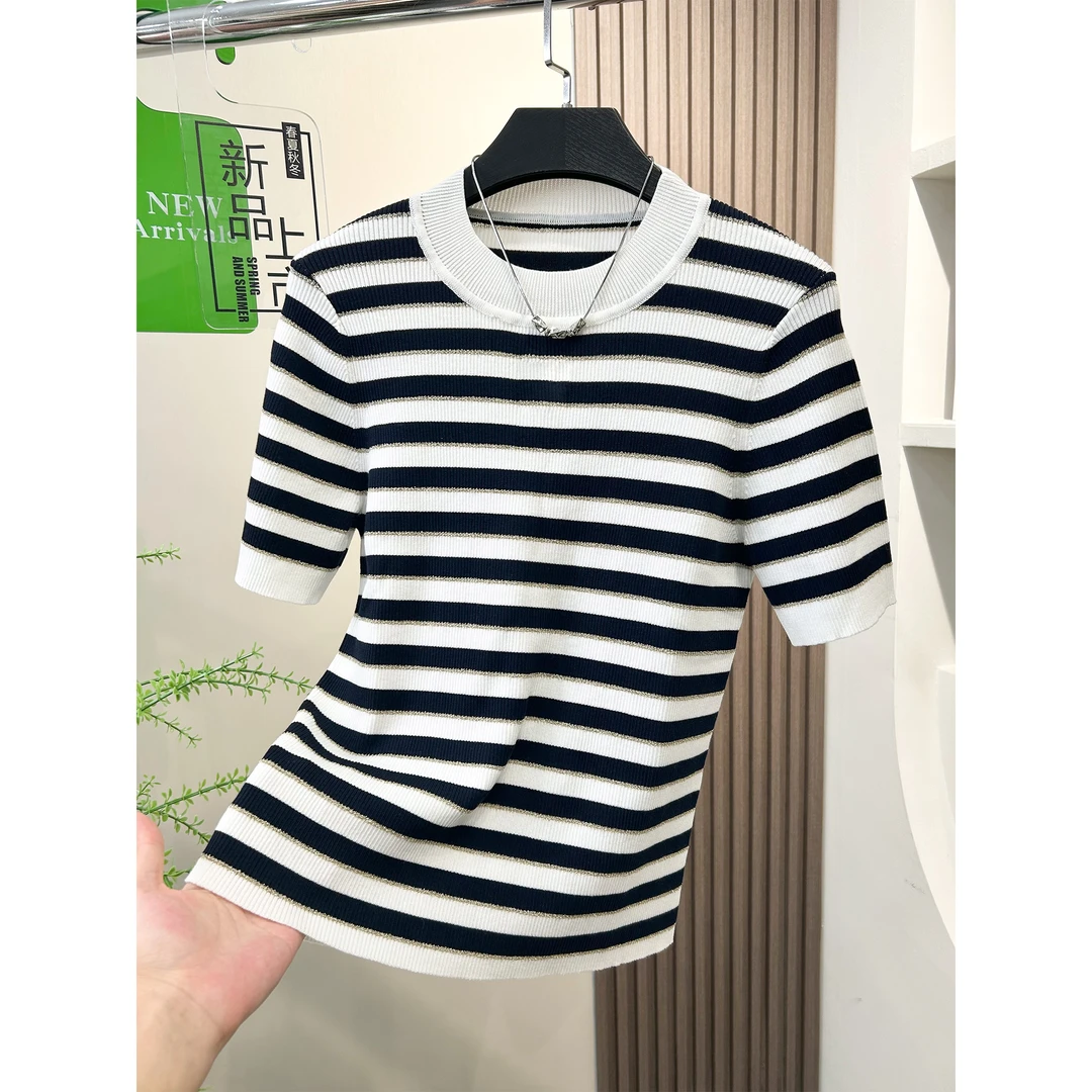 时尚圆领条纹绣花百搭显瘦针织衫M2506003