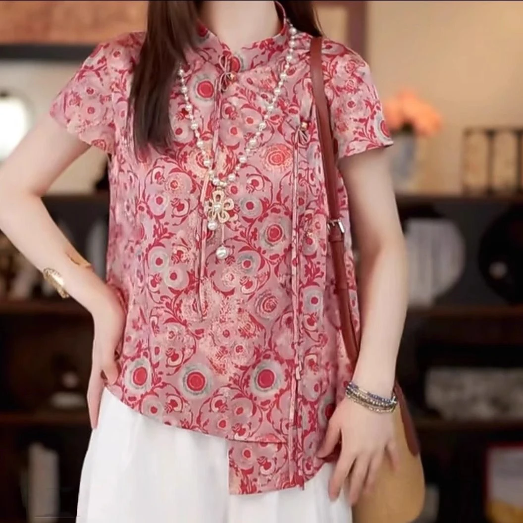 M50圆圈花流苏盘扣短袖小茶服时尚新中式衬衫