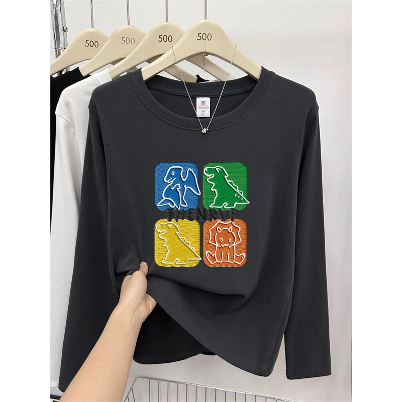 2025新款秋季正肩长袖t恤女韩版百搭大码微胖mm洋气上衣打底衫