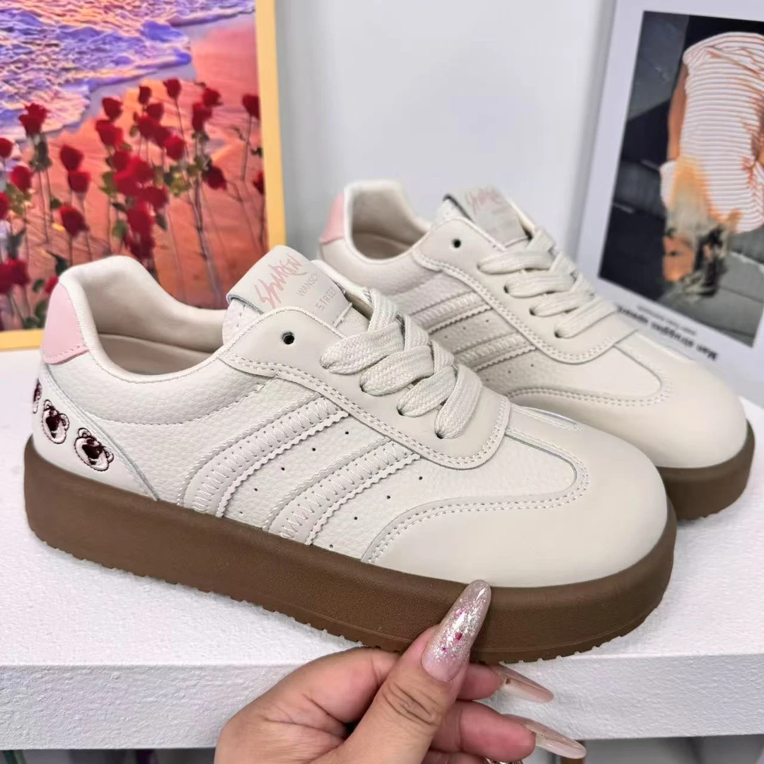 A839德训鞋女2025新款百搭真皮小白鞋学生运动休闲板鞋厚底阿甘鞋