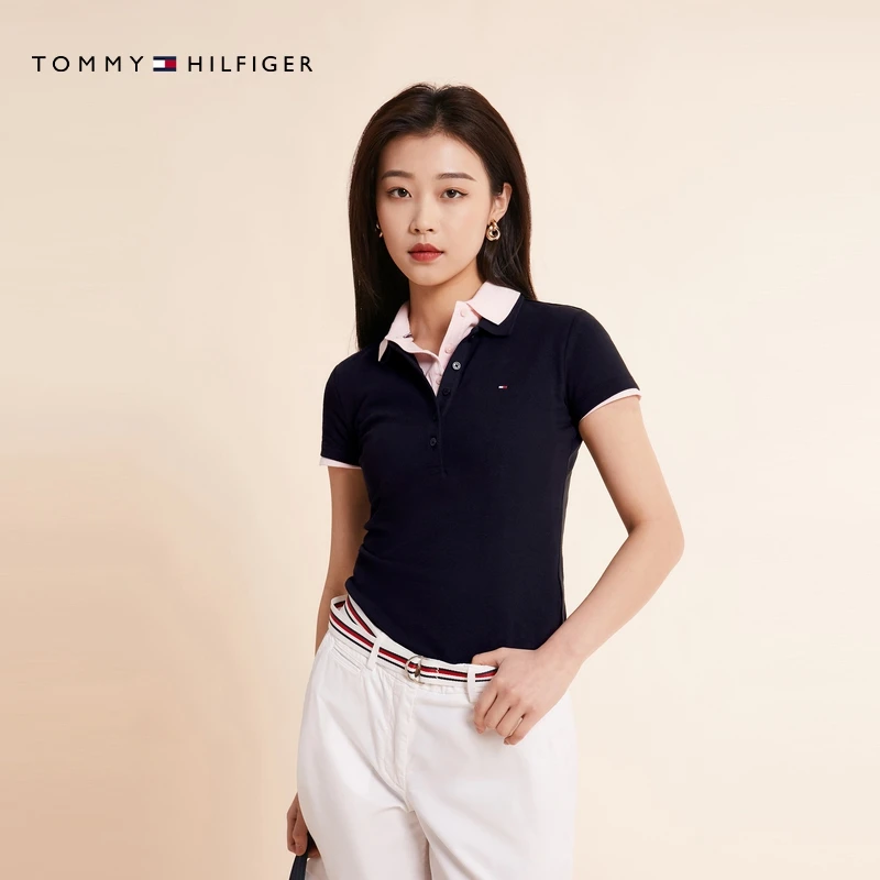 【五粒扣】Tommy春夏女珠地网眼优雅通勤纯色条纹修身短袖POLOJ3073