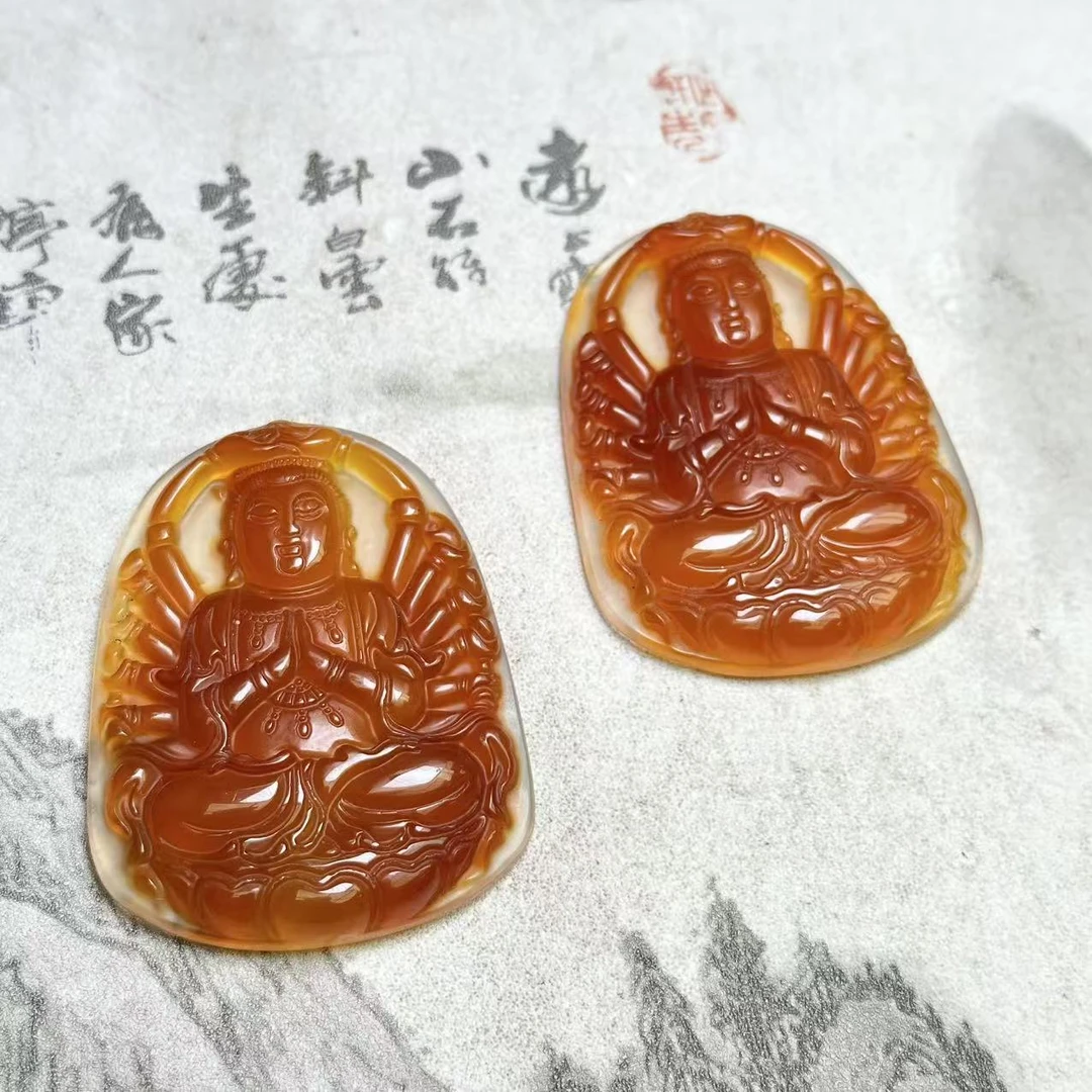 S7207【福嘟嘟】沁血肉灵芝玛瑙千手观音吊坠-配珠链-多样性发一件