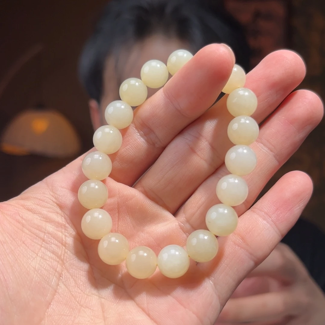 足银镶嵌手串和田玉新疆浅糖10mm