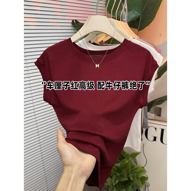 显白车厘子红色T恤收腰短款飞袖气质上衣蝙蝠袖打底衫百搭上衣