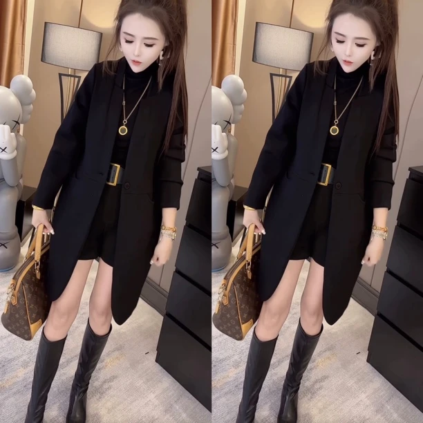 早秋新款舒适宽松显瘦风衣外套女纯色简约设计百搭中长款外衣