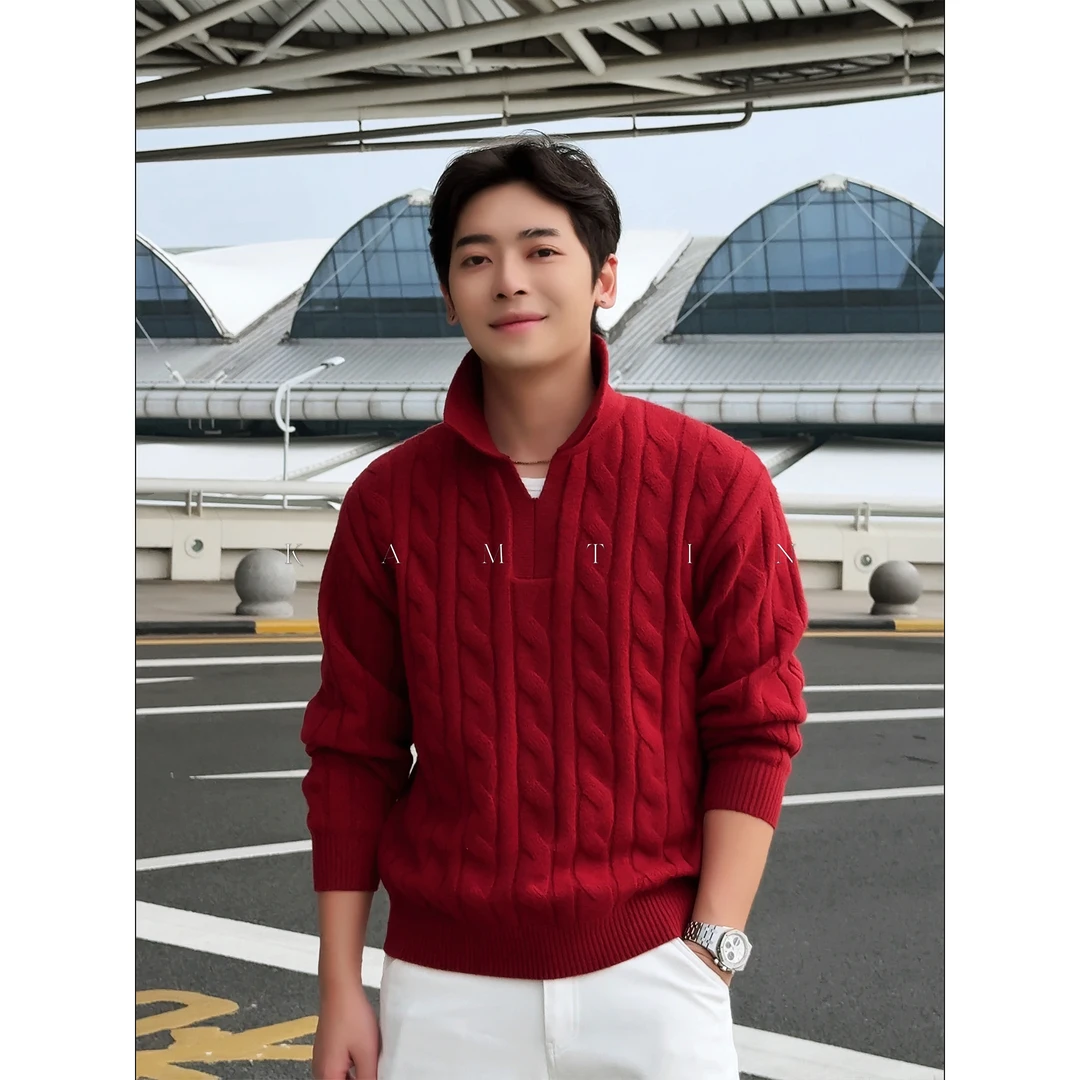 美式高级感「绞花纹理」秋冬慵懒套头毛衣男士厚款宽松针织POLO衫