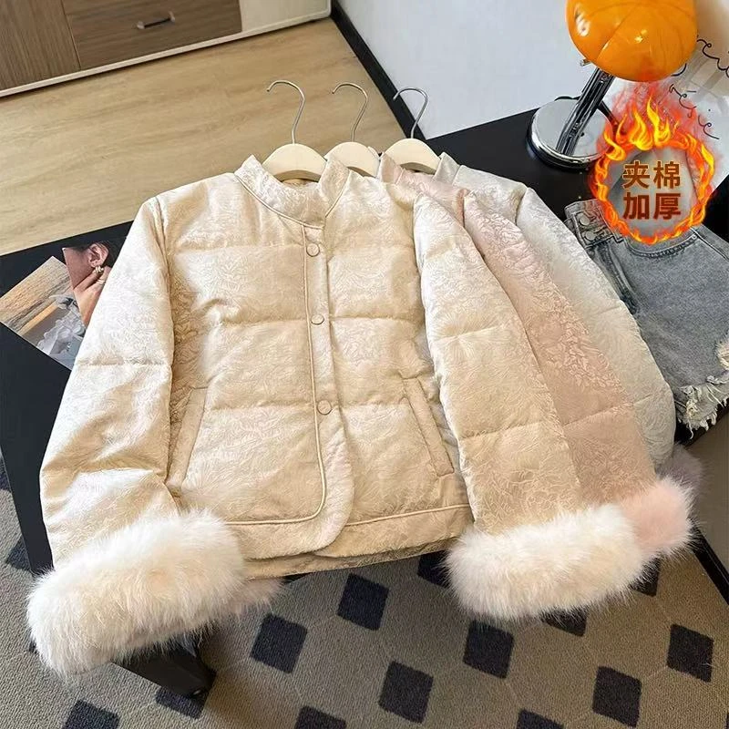 802新国风缎面提花棉女士棉服冬季显瘦气质减龄百搭加厚外套