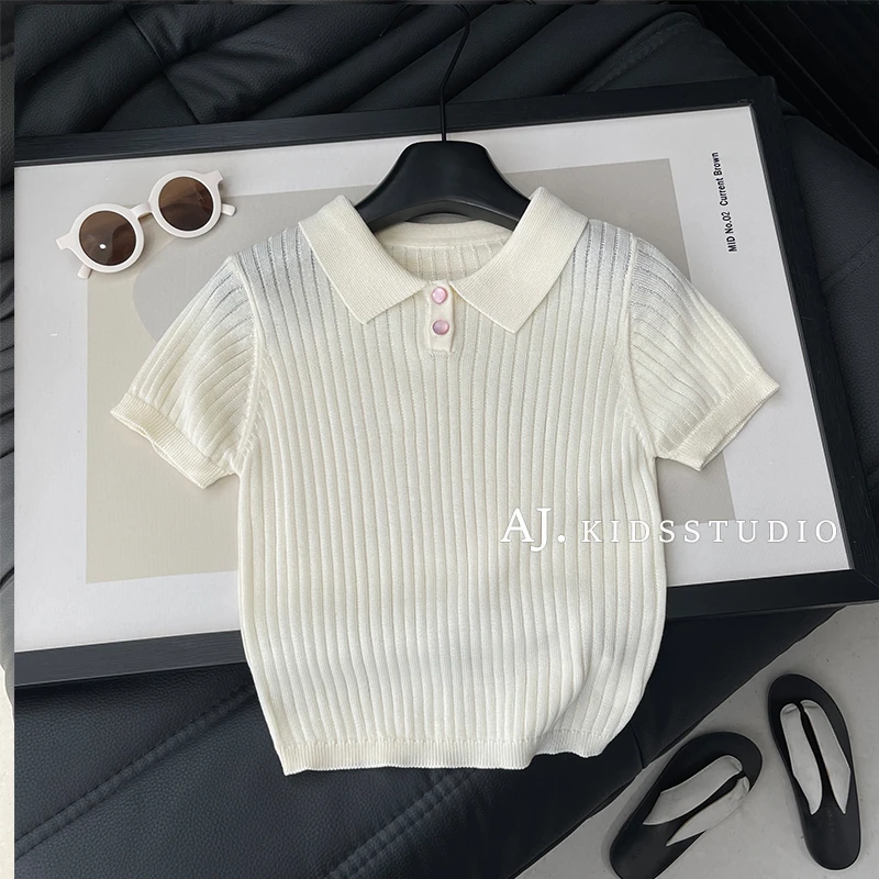 现【糯糯奶昔】阿卷夏装韩版儿童简约纯色翻领短袖针织T恤衫MPG6035