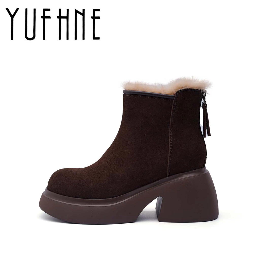 【YUYAN】7cm厚底粗跟增高毛里复古百搭秋冬新款后拉链简约时尚短靴