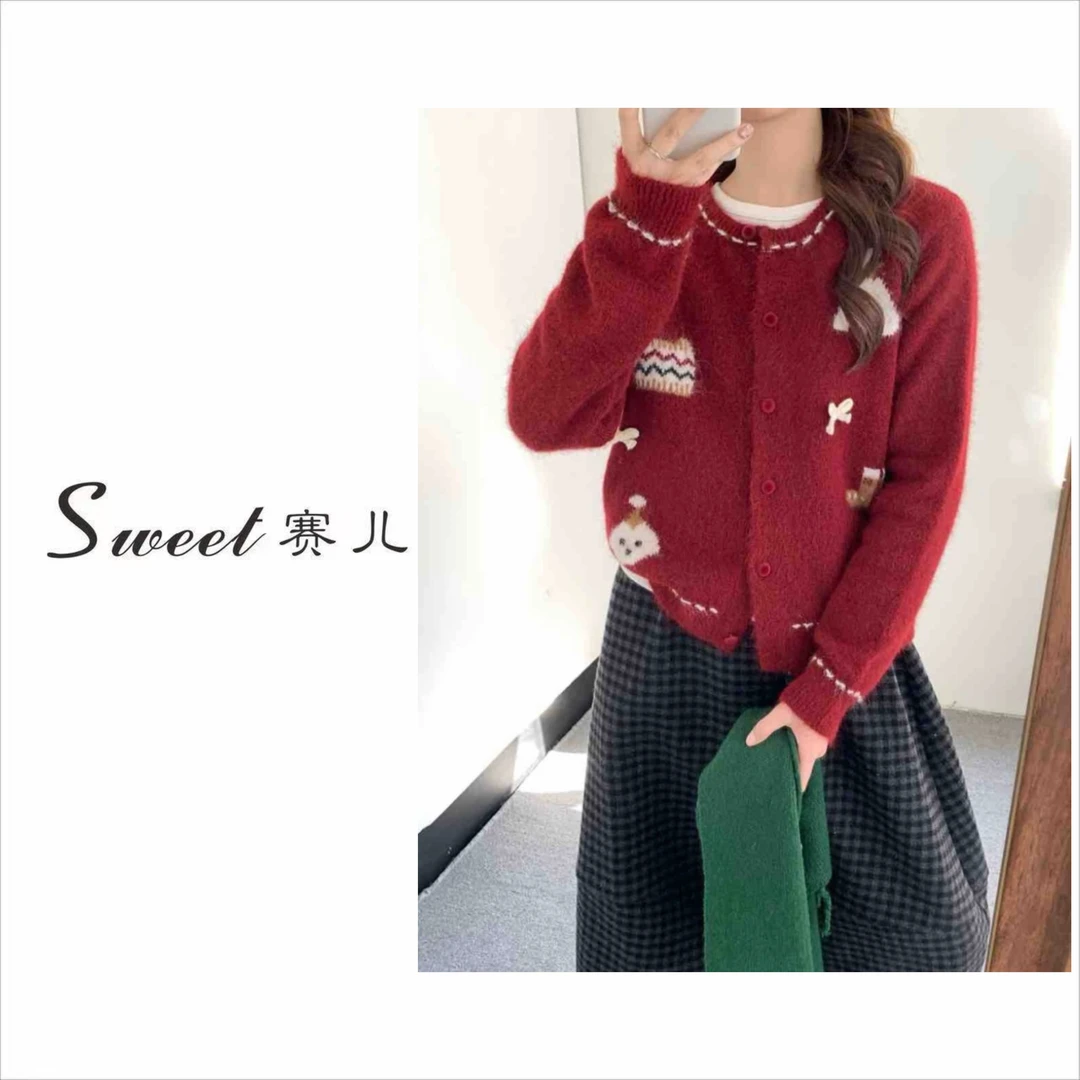 【赛儿专属】｛4790｝韩系慵懒风圣诞款蝴蝶结针织毛衫