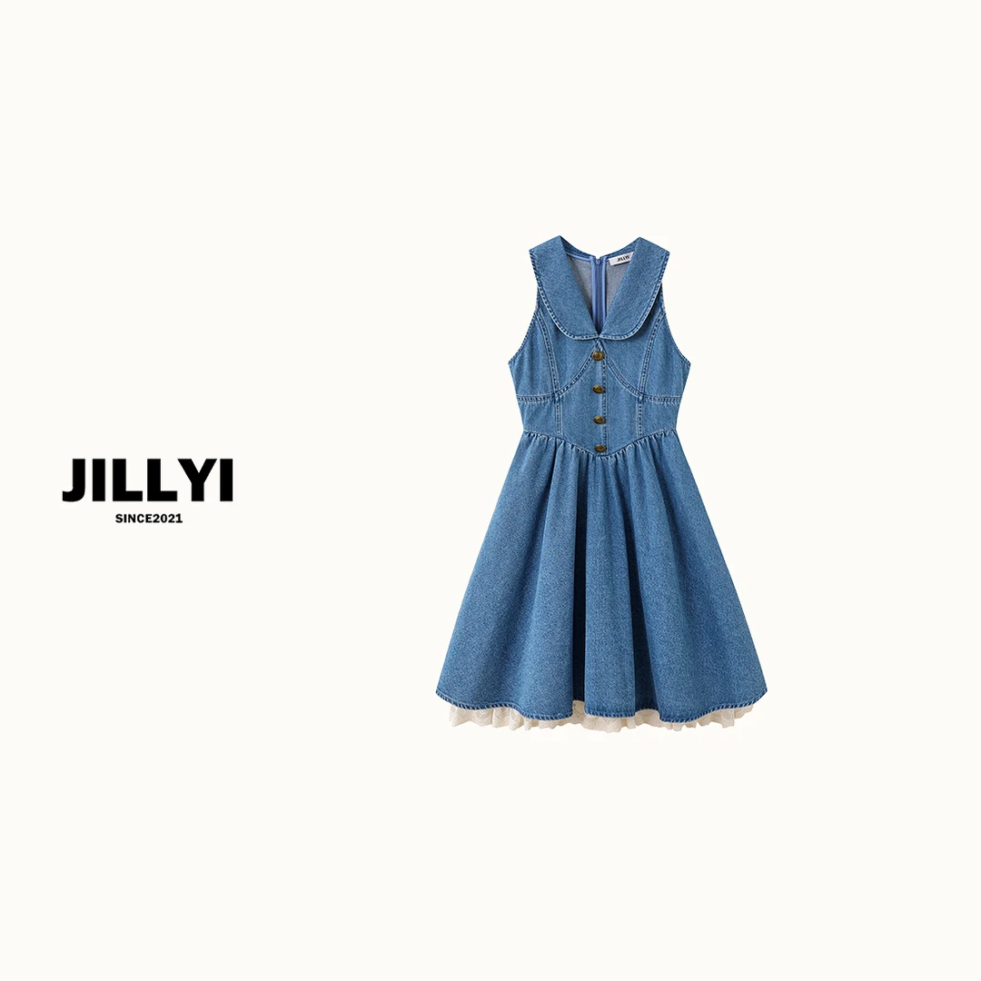JILLYI【海盐梦境】牛仔蓝元宝领白蕾丝拼接下摆时尚气质连衣裙