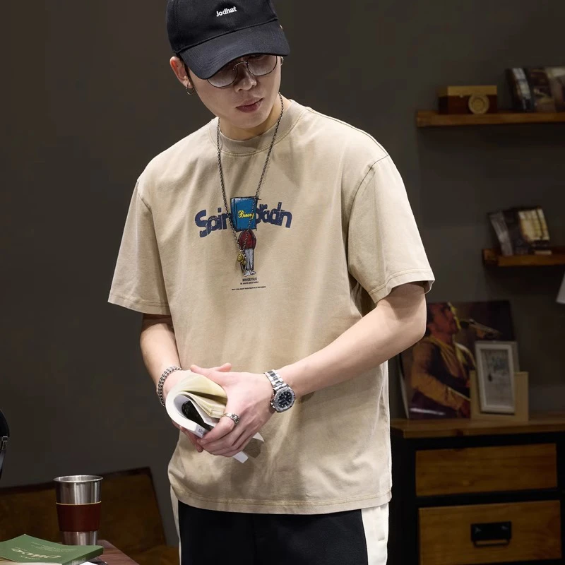 MR.MUDI/穆迪先生复古水洗短袖t恤男士宽松上衣夏季印花半袖体恤